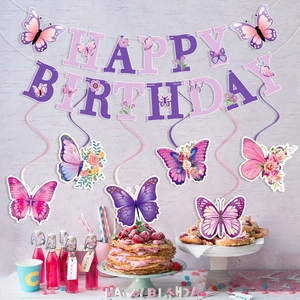 Purple and pink butterfly birthday party decorations set with banners and swirl ornaments