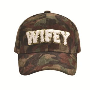 Classic jungle camo baseball cap featuring white fleece WIFEY 3D embroidery with gold edges