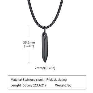 Detail view of black stainless steel nail pendant necklace with size and weight dimensions
