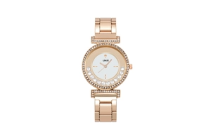 Close-up of rose gold watch bezel with crystals and floating diamonds inside dial
