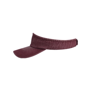 Detail view of burgundy washed denim sun visor showing fabric texture and side strap
