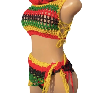 Handmade crochet Rasta bikini set with crop top and mini wrap skirt in red yellow green
