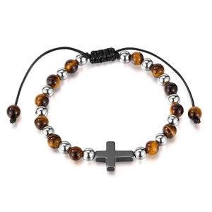 Bracciale da uomo con perline occhio di tigre, croce in acciaio e cordino intrecciato
