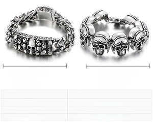 Detailed macro view of two punk skull bracelets made of cast stainless steel for men