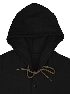 Detail of black linen hoodie hood with brown drawstring and button closure texture