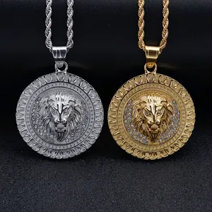 Lion Head Pendant Necklace Stainless Steel Rhinestone Flame Pattern Hip Hop Medallion Fashion Jewelry For Men Women