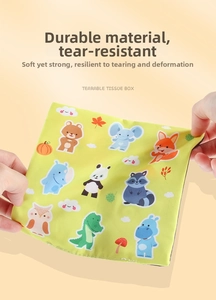 Durable baby tissue box toy made of tear-resistant fabric with cute animal prints