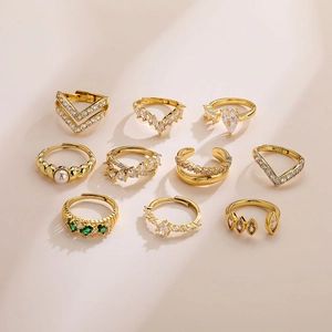 Women Adjustable Open Ring Copper Zircon Imitation Artificial Pearl V-Shaped Cross Stacking Fashion Jewelry