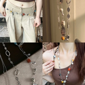 Bohemian Ethnic Retro Long Necklace Alloy Ceramic Stone Beaded Pendant Sweater Chain Jewelry For Women