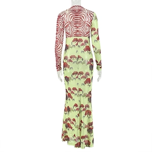 Vista posteriore del vestito lungo a maniche lunghe con stampa zebra e motivi ad albero