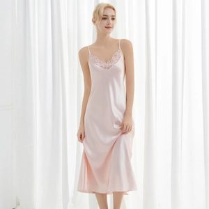 Elegant pale pink satin nightgown with V-neck lace trim and long silhouette for women