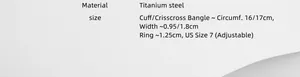Size chart for titanium steel pin style open bangle and adjustable ring set in US size 7
