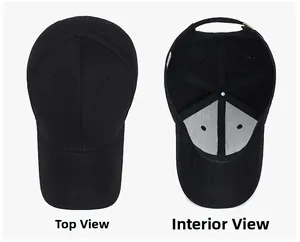 Top and interior view of a black baseball cap with adjustable metal buckle and wash label