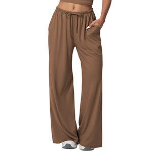 Women's brown high-waisted wide-leg lounge pants with elastic drawstring waist and pockets
