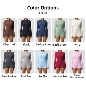 Grid display of 10 color options for slim fit yoga sets featuring zip jackets and shorts