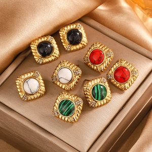 Vintage 18K gold plated square earrings with colorful marble stones and crystals