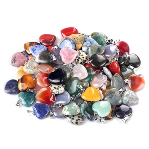Mix of colorful heart-shaped natural crystal and agate stone pendants with metal bails