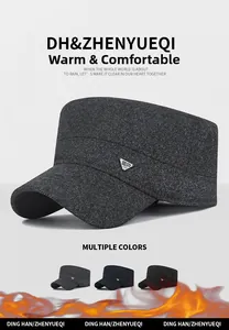 Detail of warm winter cadet cap with metal badge and three available colors