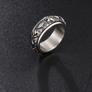 Vintage Spinner Ring Stainless Steel Rotatable Buddhist Mantra Heart Sutra Engraved Stress Relief Punk Band For Men