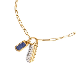 Lapis Lazuli Pendant Stainless Steel Necklace Rectangular Blue Stone Gold Plated Paperclip Chain Jewelry Women Vintage