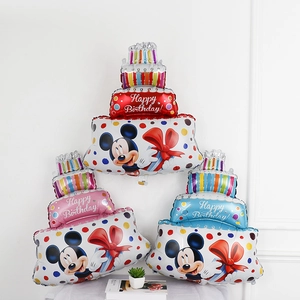 Three-layer birthday cake foil balloons with Mickey Mouse prints for party decor