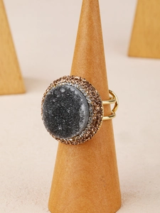 Vintage gold open ring with round black agate crystal and sparkling rhinestones
