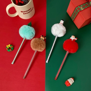 Close-up of Christmas gel pens featuring plush balls and festive 3D cartoon characters