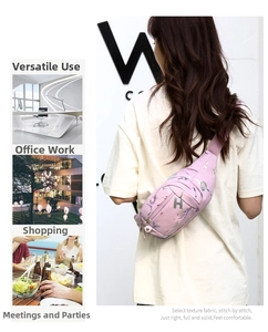 Vue détaillée du sac bandoulière rose en nylon avec motif H et styles variés