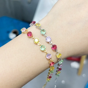 Colorful round-cut zircon bracelet with elegant gold and silver metal finish for women
