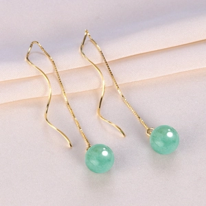 Elegant S925 silver long drop earrings with natural green aventurine on gold chain