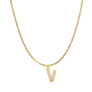 Detailed view of a gold-plated necklace featuring a pavé-set V letter pendant with zircons