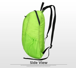Side view of ultra-light neon green waterproof backpack with mesh side pockets