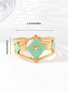 Adjustable evil eye ring in gold plating with cyan enamel and diamond pattern