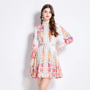 Retro floral print mini dress with stand collar, lantern sleeves and waist belt