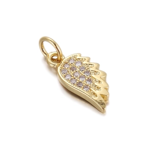 Close-up of golden angel wing pendant with clear rhinestones and 18K gold finish