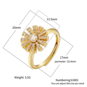 Adjustable sun flower ring with colorful crystals and gold plating dimensions 13.5mm