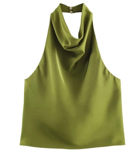 Detail of olive green satin halter top showing button closure at the neckline