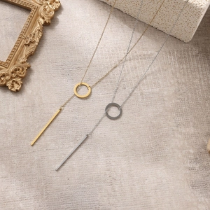 Minimalist stainless steel Y-shaped lariat necklace with geometric circle and long bar pendant
