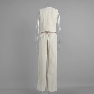 Rear view of striped cream vest and wide leg trousers set on transparent mannequin