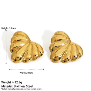 Textured heart-shaped gold stainless steel stud earrings with size measurements
