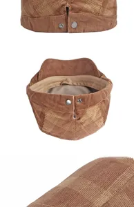 Detailed views of brown corduroy flat cap showing back snap button and inner lining