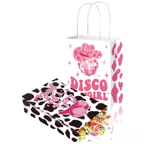 Close-up of disco cowgirl party gift bags filled with assorted colorful candies