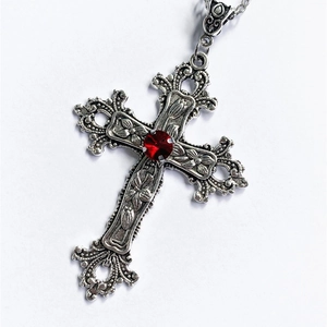 Gothic flower cross necklace with red rhinestone in vintage silver finish on white background