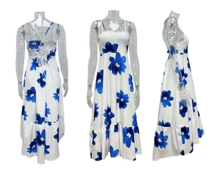 Detail of bohemian summer maxi dress with blue floral print and back cross-strap design