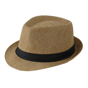 Detail of classic straw fedora hat featuring a breathable weave and black ribbon band