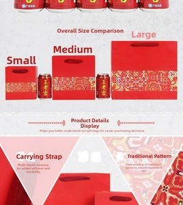 Ethnic style red gift bag with gold patterns shown in three sizes for scale comparison
