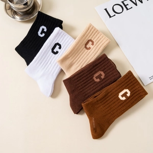 Five-pack of ribbed cotton crew socks with letter C embroidery in assorted neutral tones