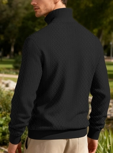 Detail view of men's black stand collar sweatshirt featuring textured diamond patterns