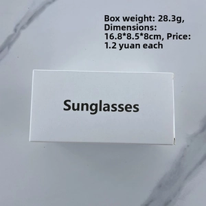 Vertical top view of a white cardboard sunglasses packaging box on marble background