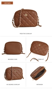 Brown quilted crossbody bag featuring gold chain strap and detailed interior layout